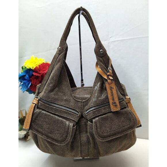 B. Makowsky Gray Crackled Leather Zipper Pockets Shoulder Bag - Picture 1 of 16